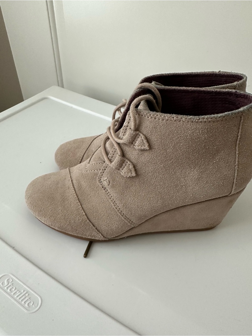 Toms lace up Taupe Suede Wedge Ankle Booties